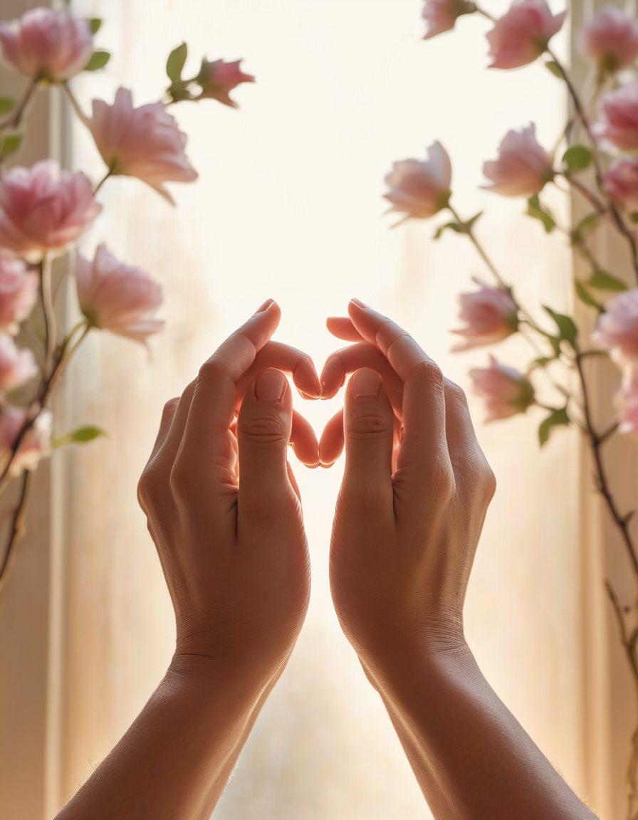 A close-up of two hands gently intertwined, surrounded by soft, warm light to symbolize intimacy and connection. In the background, faint outlines of a couple enjoying a serene moment together, with blooming flowers representing growth in their relationship. Subtle heart shapes are integrated into the design to emphasize romance. soft focus. pastel colors. elegance.
