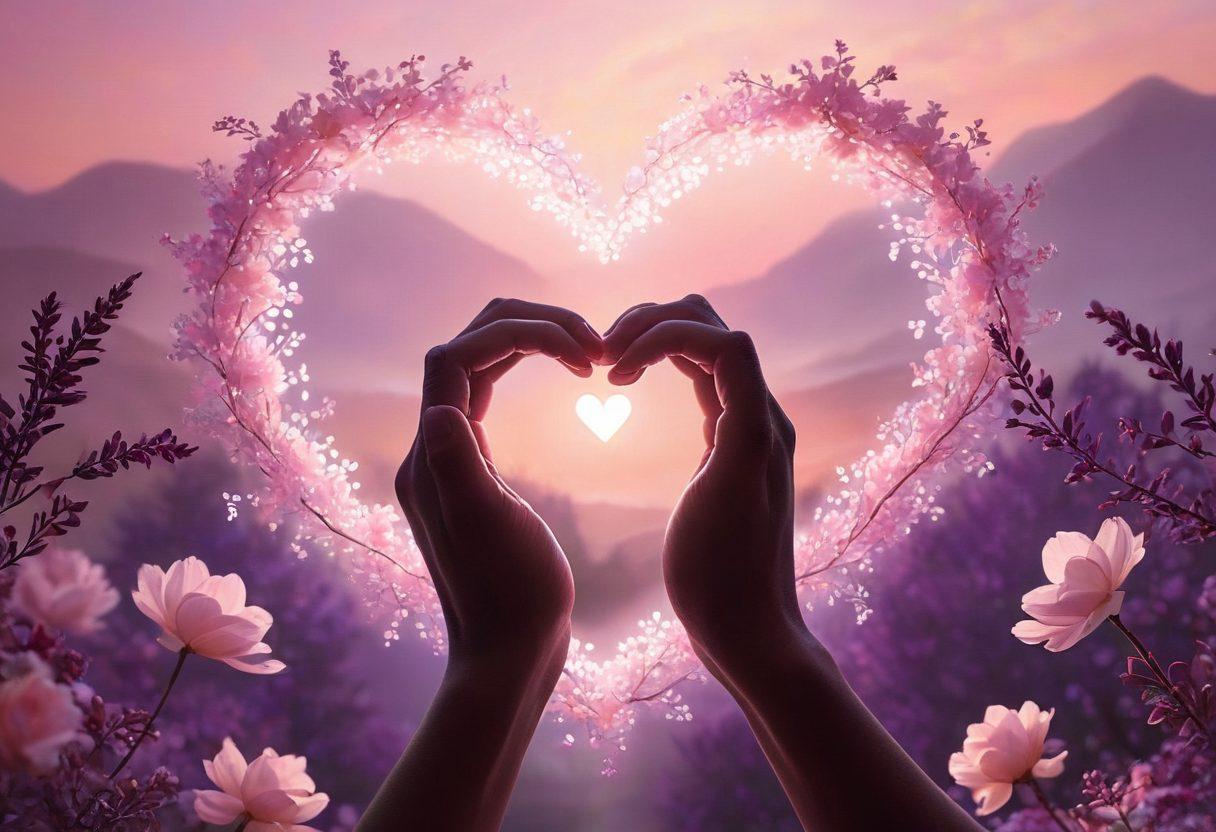 A close-up of two hands intertwined with a glowing heart symbol hovering above, surrounded by soft hues of pink and purple. In the background, gentle silhouettes of a couple sharing a tender laugh, immersed in nature with blooming flowers. The image captures warmth, intimacy, and connection between lovers. soft-focus, dreamy, romantic atmosphere. vibrant colors.